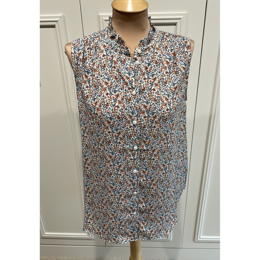 NYDJ Floral Ruffle Neck Blouse Button Up Cottagecore Country Prairie Spring